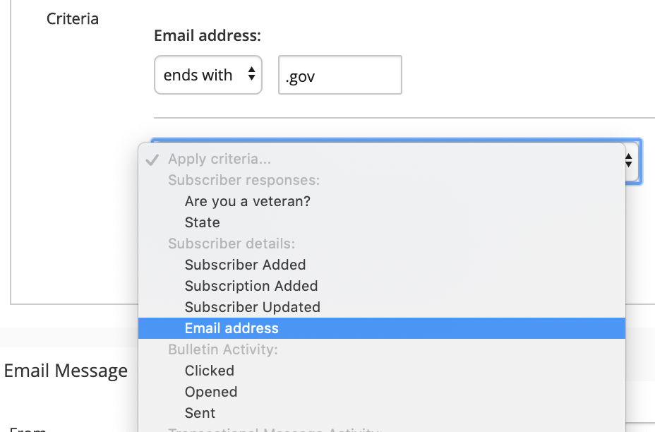 email address dropdown for targeted email segmentation